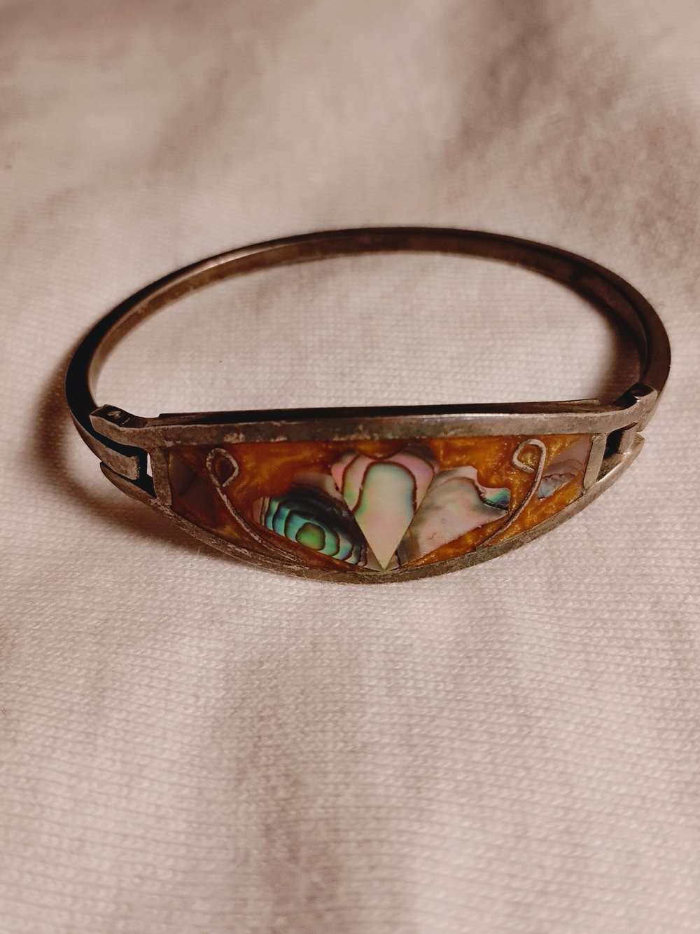 Small Sterling Silver Abalone Inlay Bangle - Orange With Hints Of Pink & Green